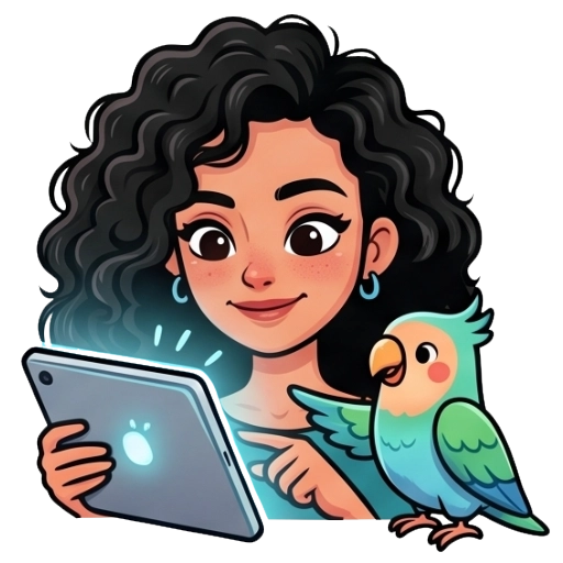 Illustration of a person learning English on a tablet next to a friendly parrot, Lingom's mascot.