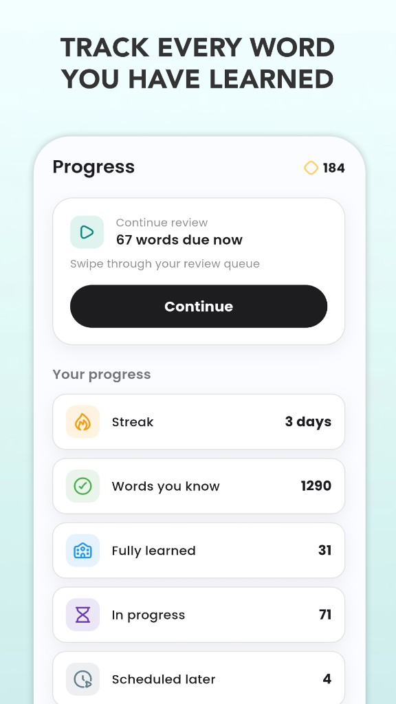 Progress screen — words you know and words in progress