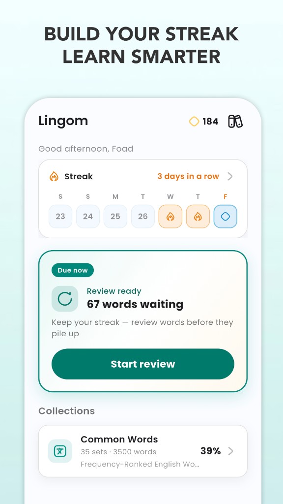 Home screen with streak and words ready to review