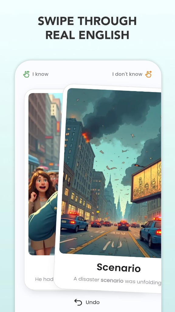 Swipe through English words — I know or I don't know